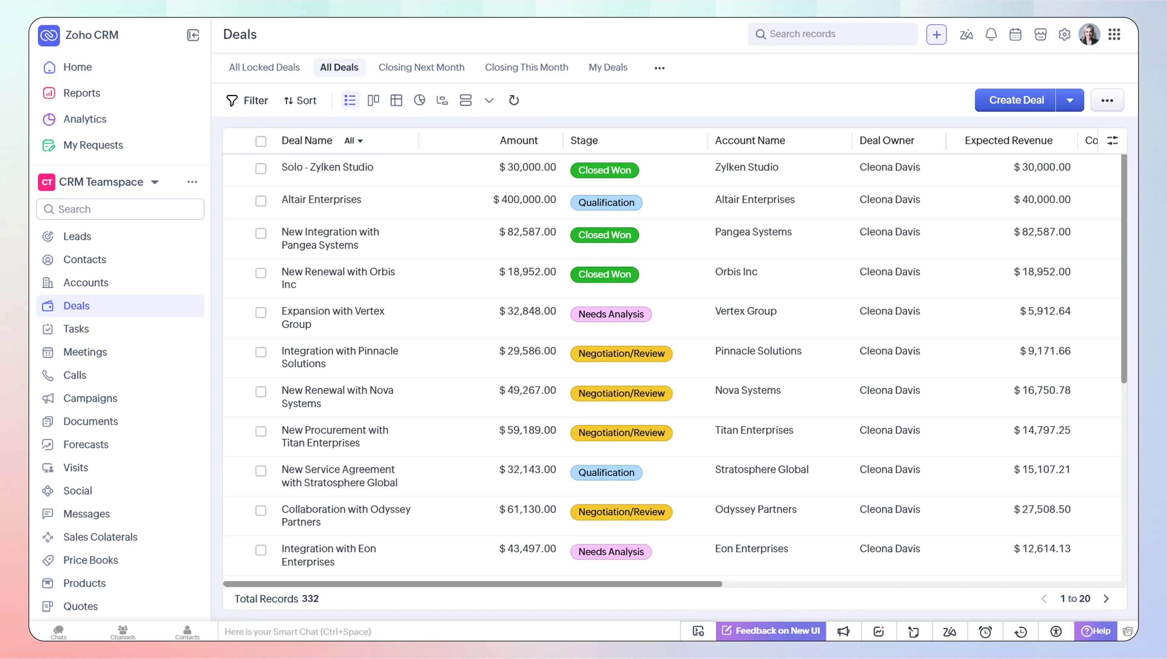 Zoho crm deals page